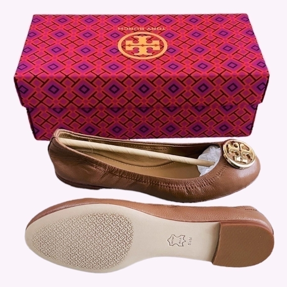 TORY BURCH Benton 2 Travel Leather Ballet Flats Royal Tan Gold Size 5.5 - Picture 8 of 8